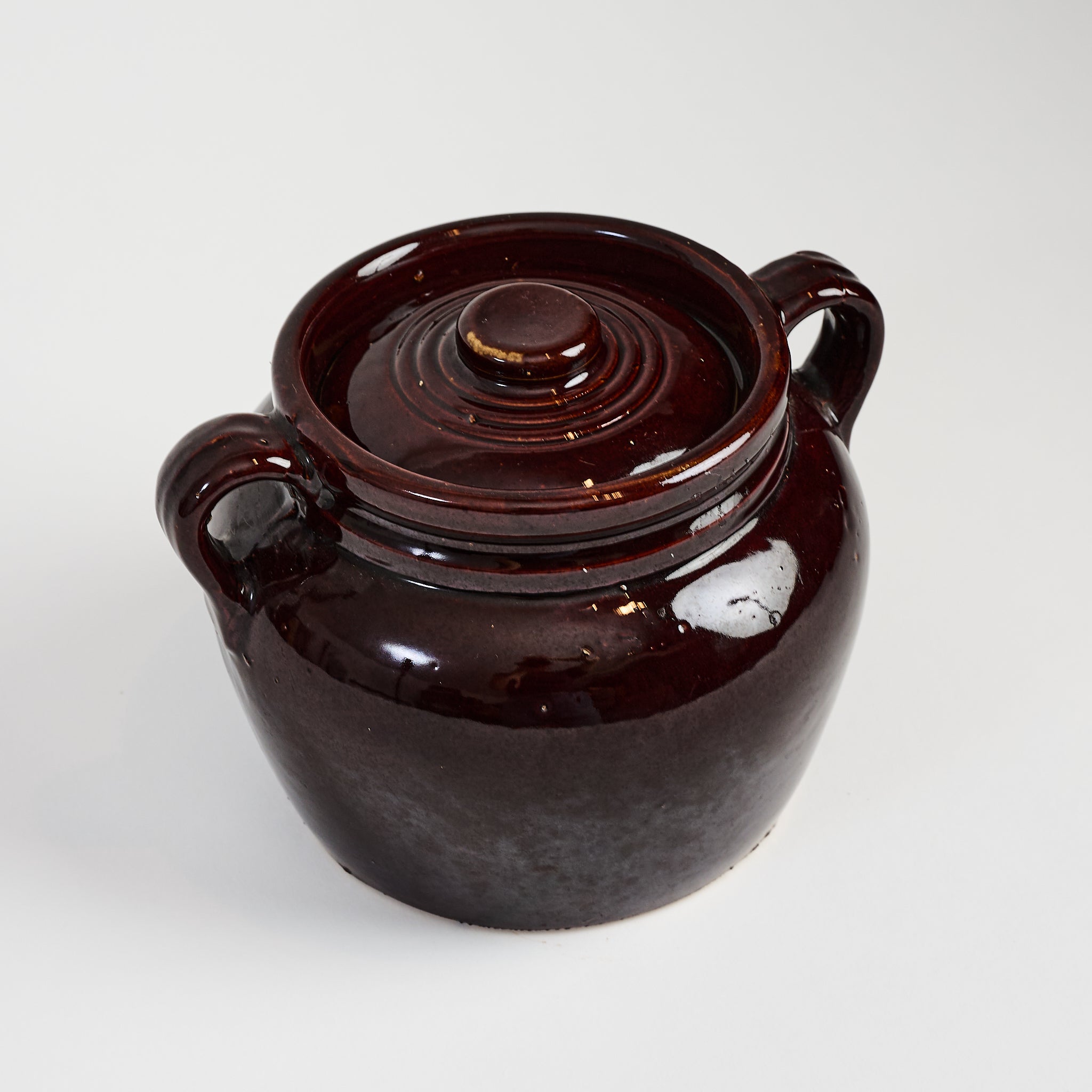 Vintage USA Stoneware Beanpot on a white background at Addison West