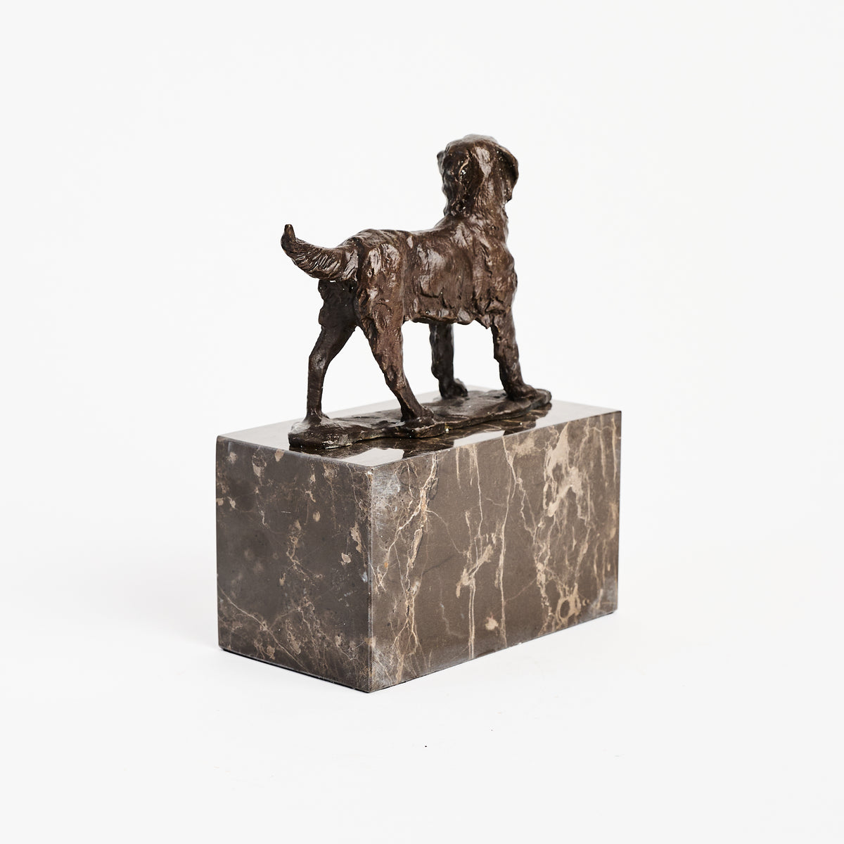 Bronze Dog Statue on Marble Block on a white background at Addison West