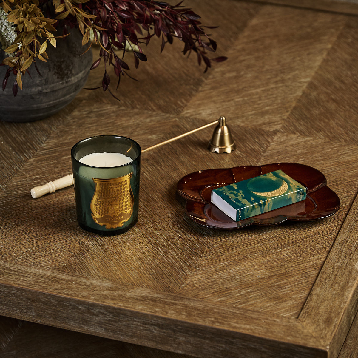 Trudon Figuerie "Fig Leaves and Hyacinth" Candle on a wood coffee table at Addison West