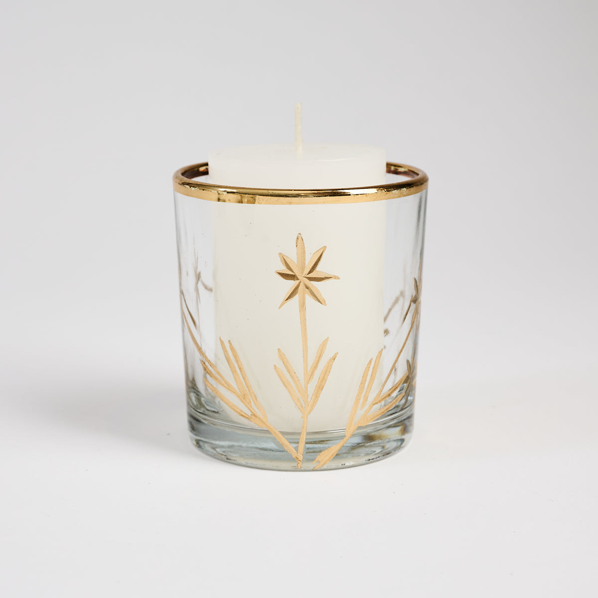 Botanical Gold Etched Tealight Holder on a white background at Addison West