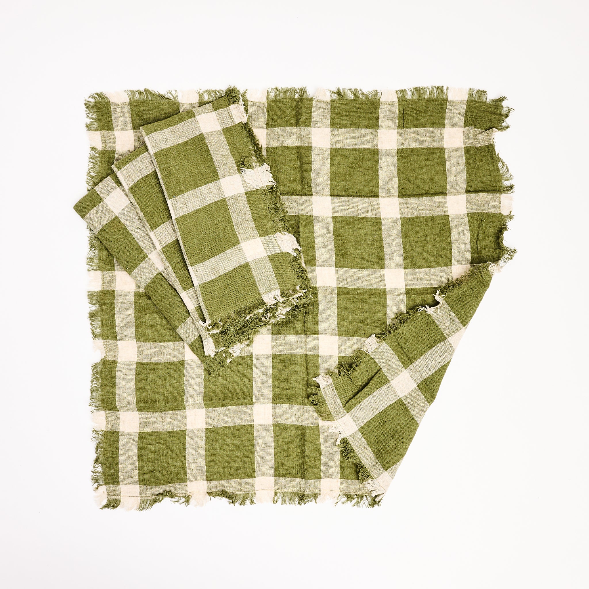 Linen Green Plaid Napkins, Set of 4 on a white background at Addison West