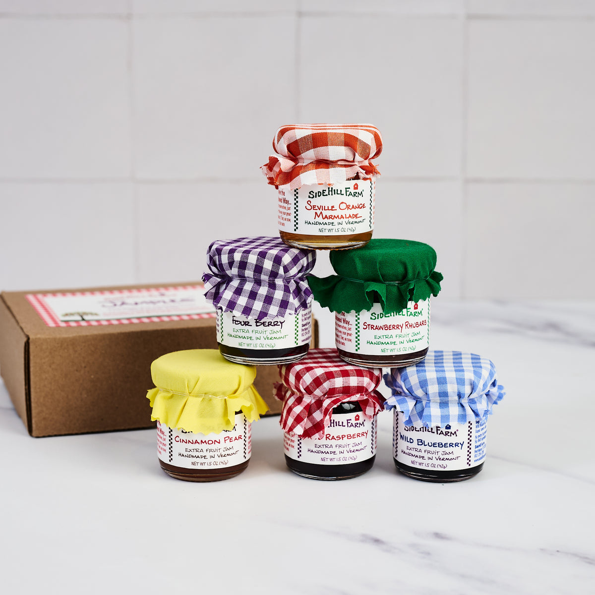 Sidehill Farm Jampler (Jam-Sampler) Box Set on a kitchen counter at Addison West