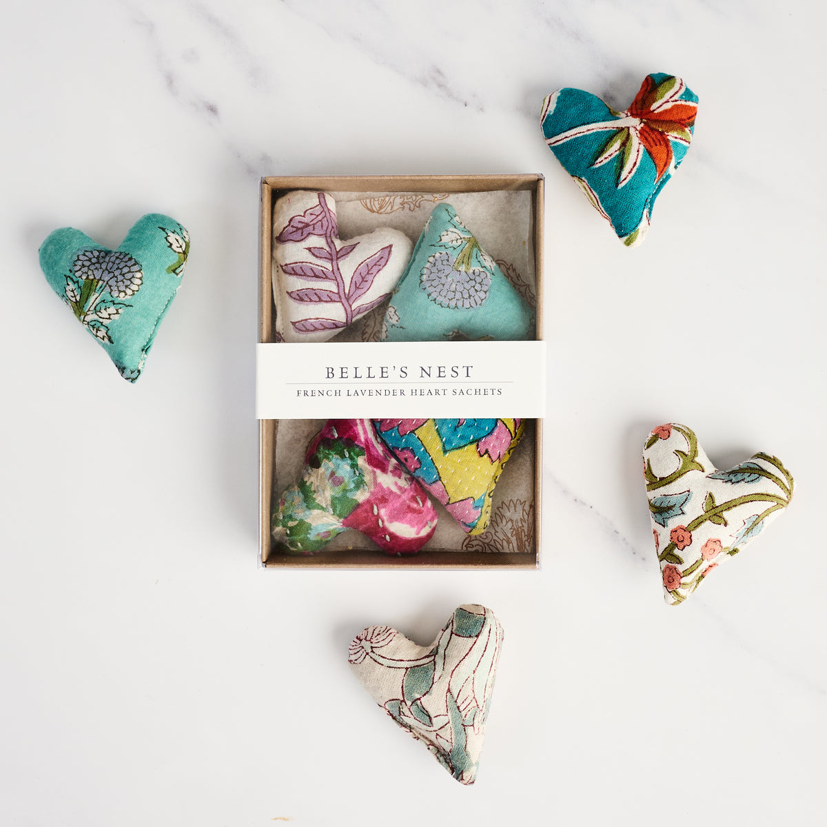 Mini Lavender Heart Sachets, Set of 4 on a white background at Addison West