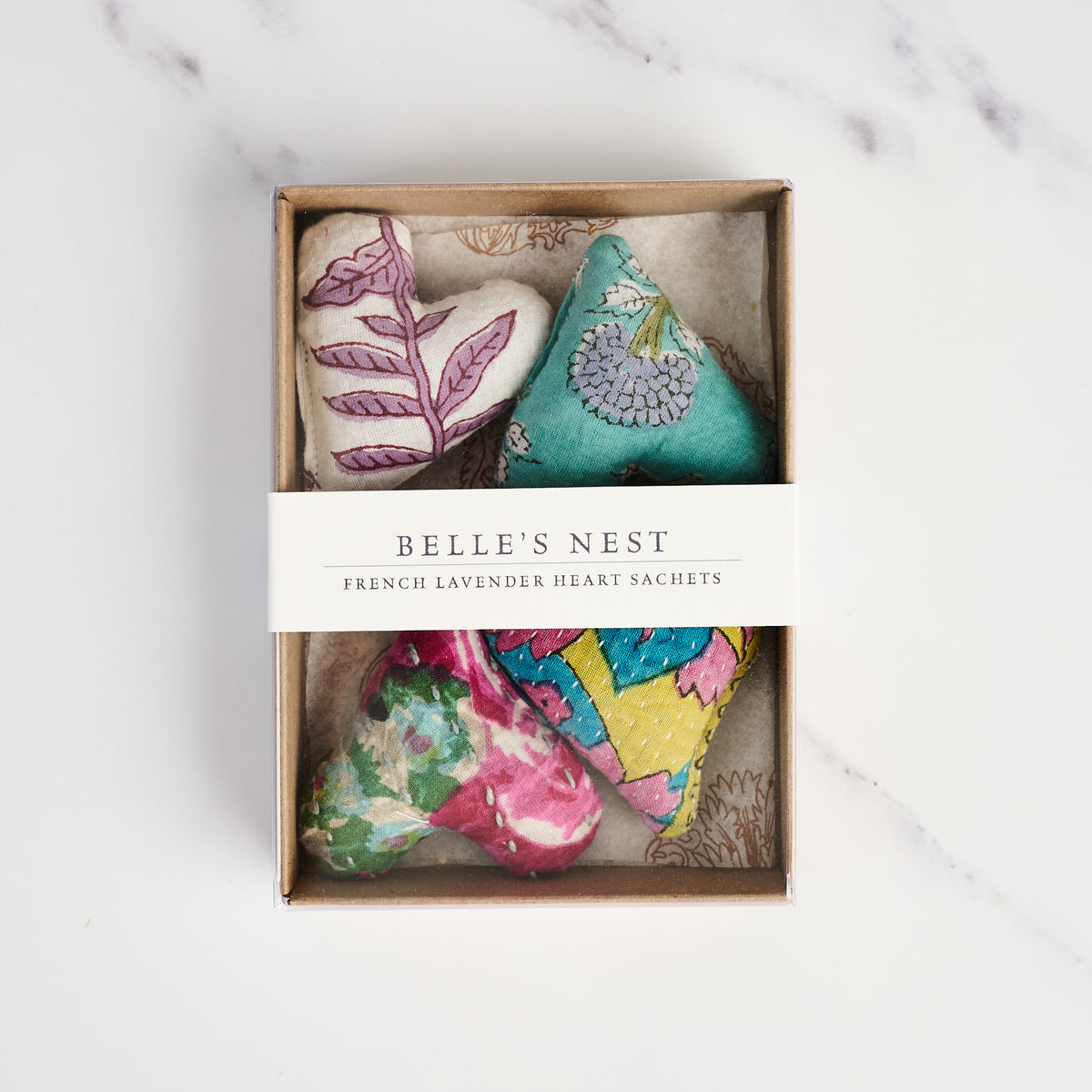 Mini Lavender Heart Sachets, Set of 4 on a white background at Addison West