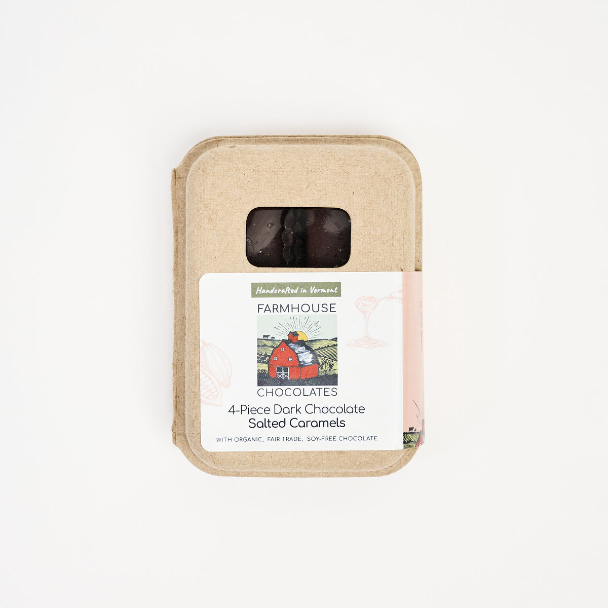 Farmhouse Chocolates Dark Chocolate Salted Caramel 4 Piece Box on a white background at Addison West