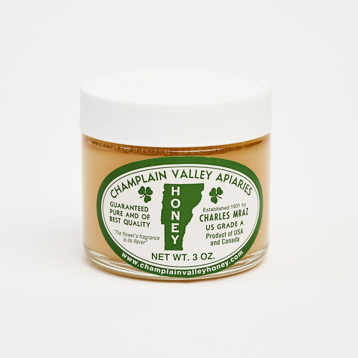 Champlain Valley Apiaries Chrystalized Honey Jar on a white background at Addison West