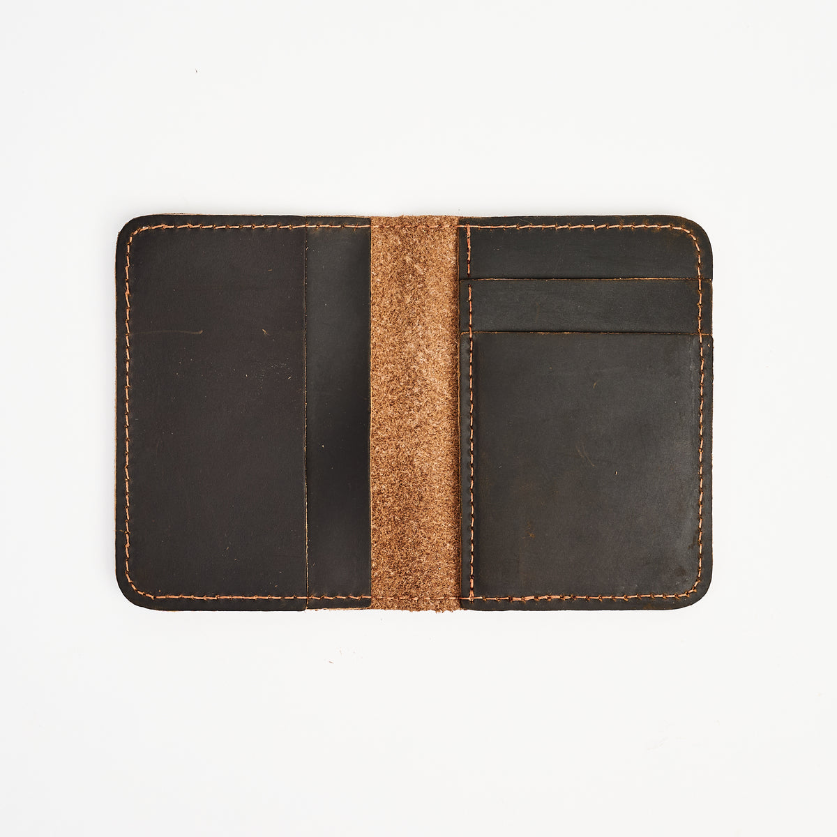 Leather Vertical Bifold Wallet in Dark Brown on a white background at Addison West