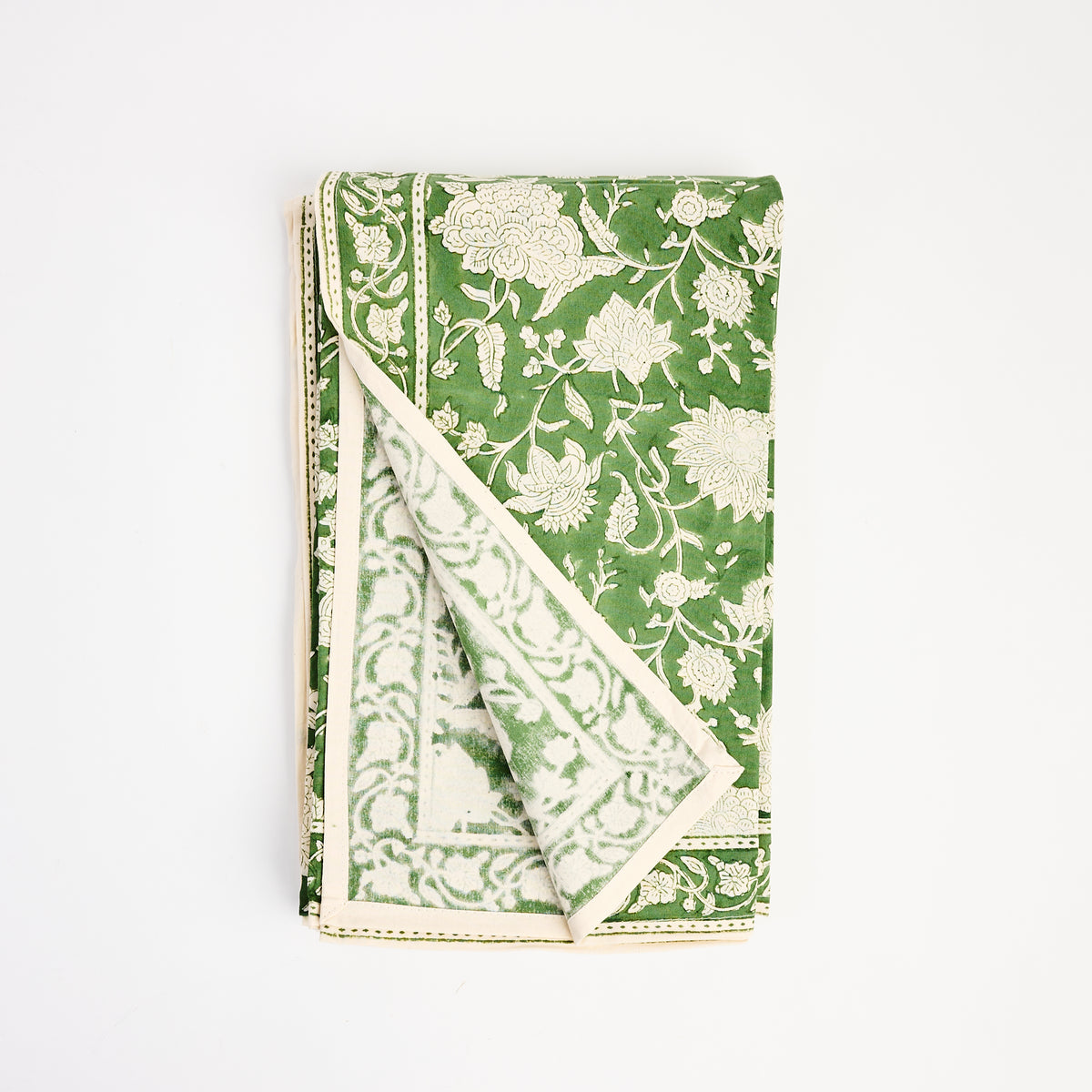 Green Floral Block Print Tablecloth, 70" x 126" on a white background at Addison West