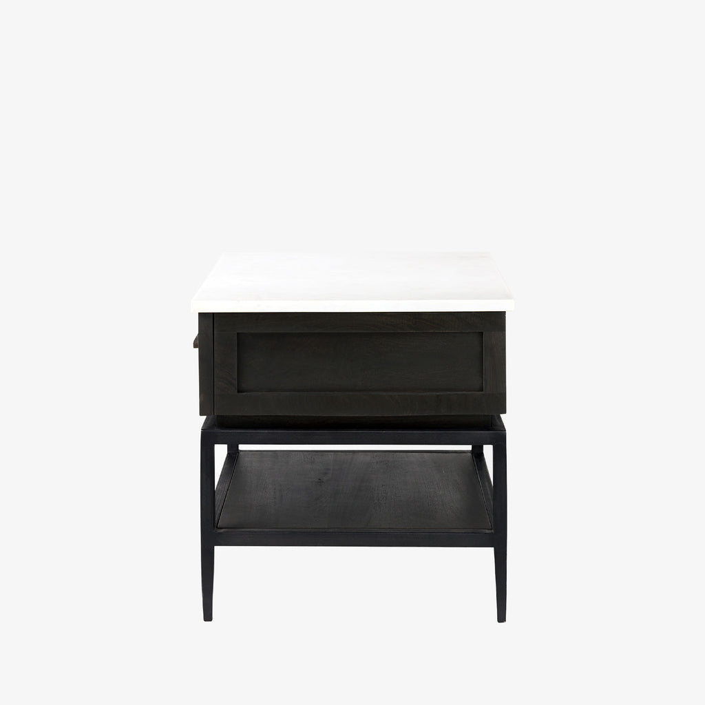 Square end table with black iron base, wood shelf and drawer and marble top on a white background