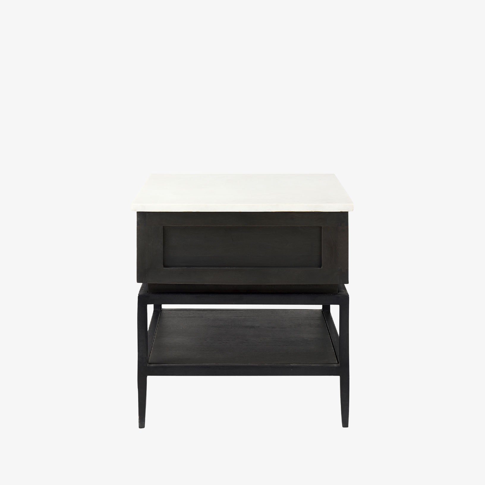 Square end table with black iron base, wood shelf and drawer and marble top on a white background