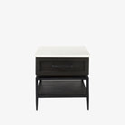 Square end table with black iron base, wood shelf and drawer and marble top on a white background