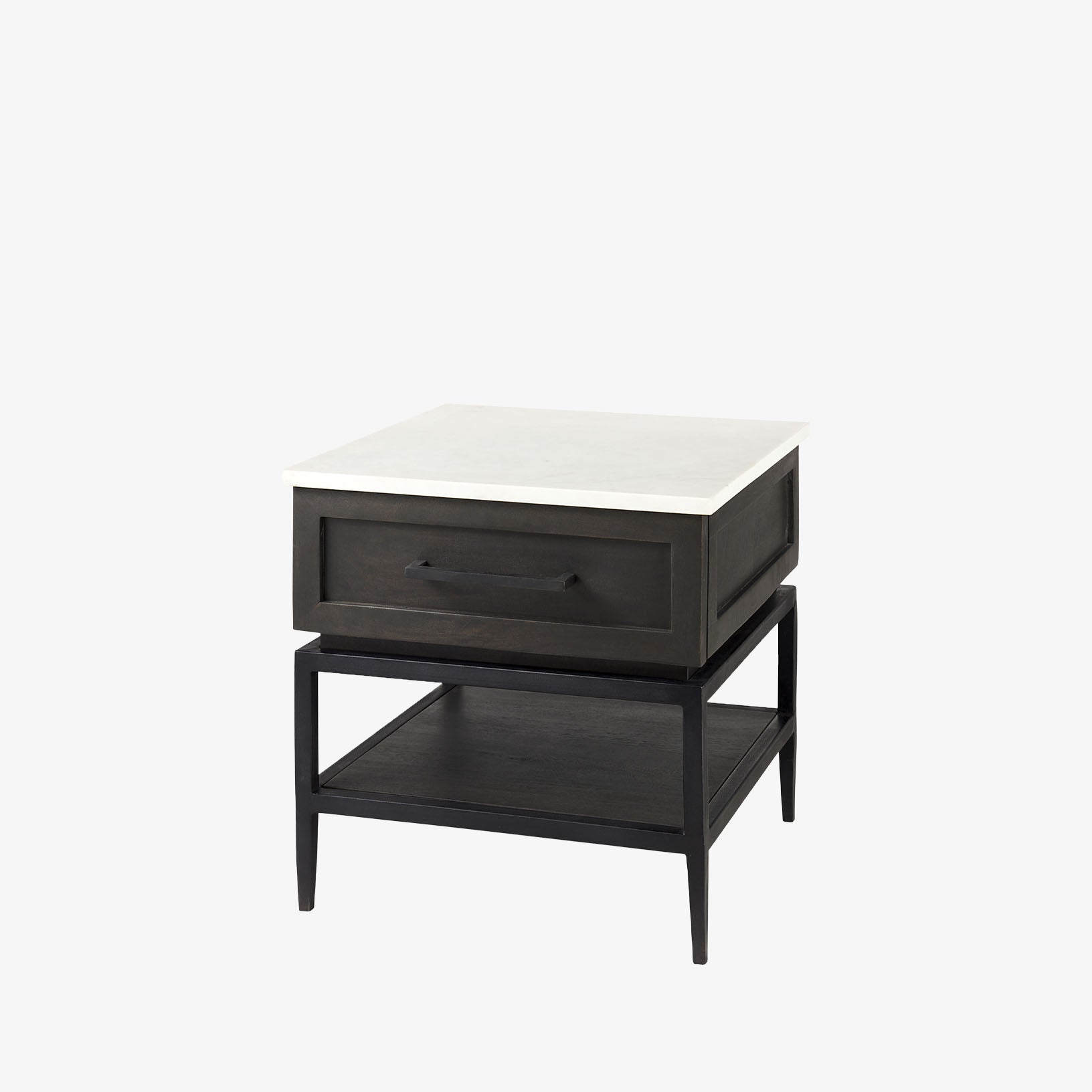 Square end table with black iron base, wood shelf and drawer and marble top on a white background