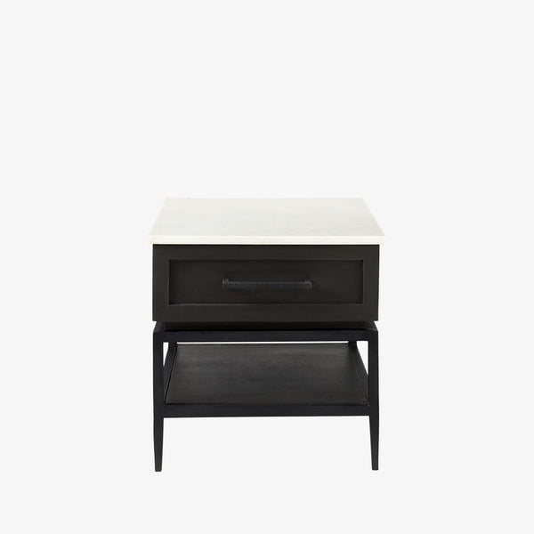 Square end table with black iron base, wood shelf and drawer and marble top on a white background