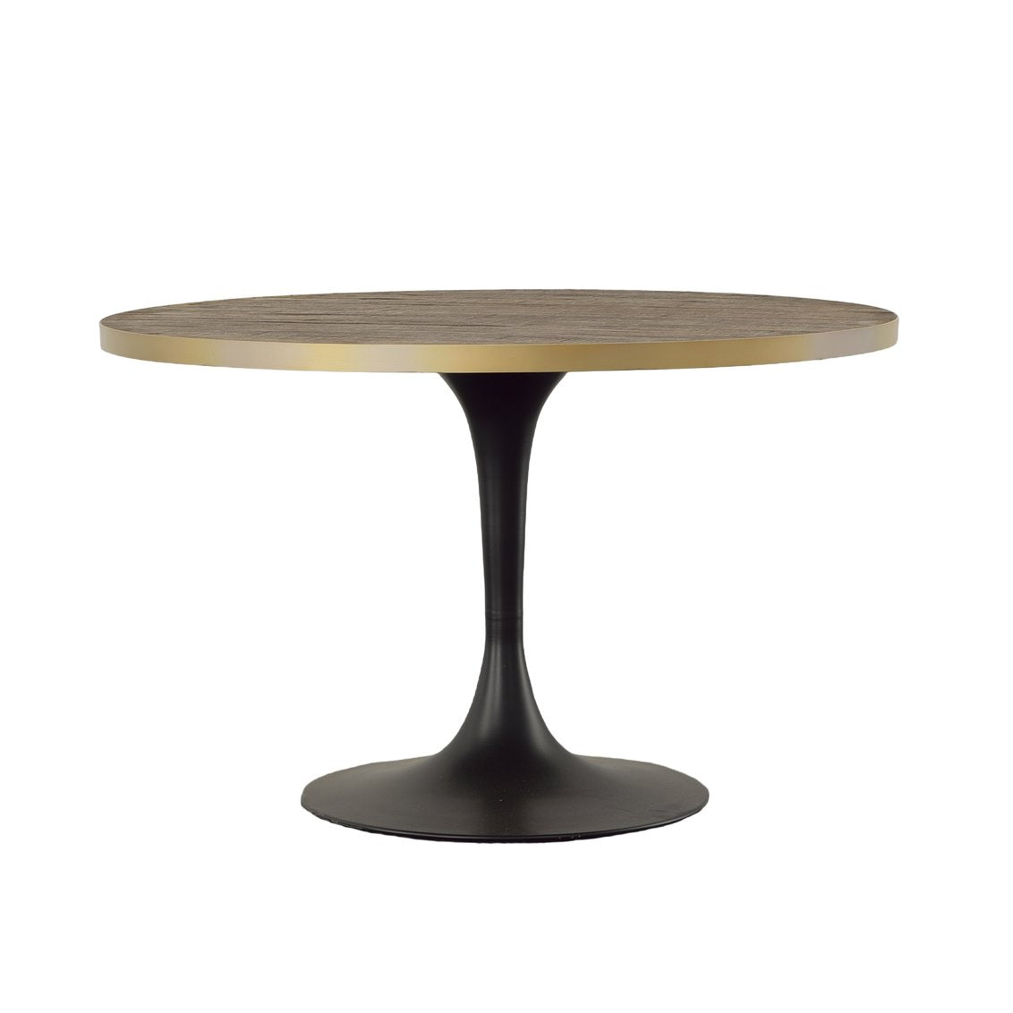 Furniture classics wood top Drummond Dining Table with black metal tulip base on a white background- Addison West