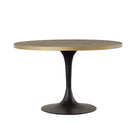 Furniture classics wood top Drummond Dining Table with black metal tulip base on a white background- Addison West