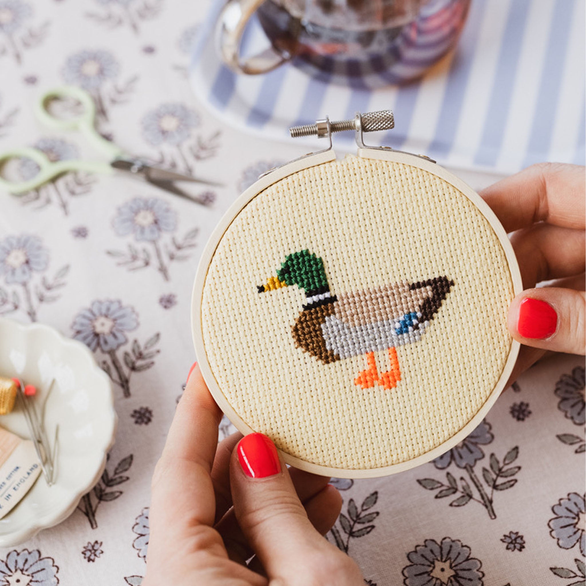 Duck Cross Stitch Kit on a table background at Addison West