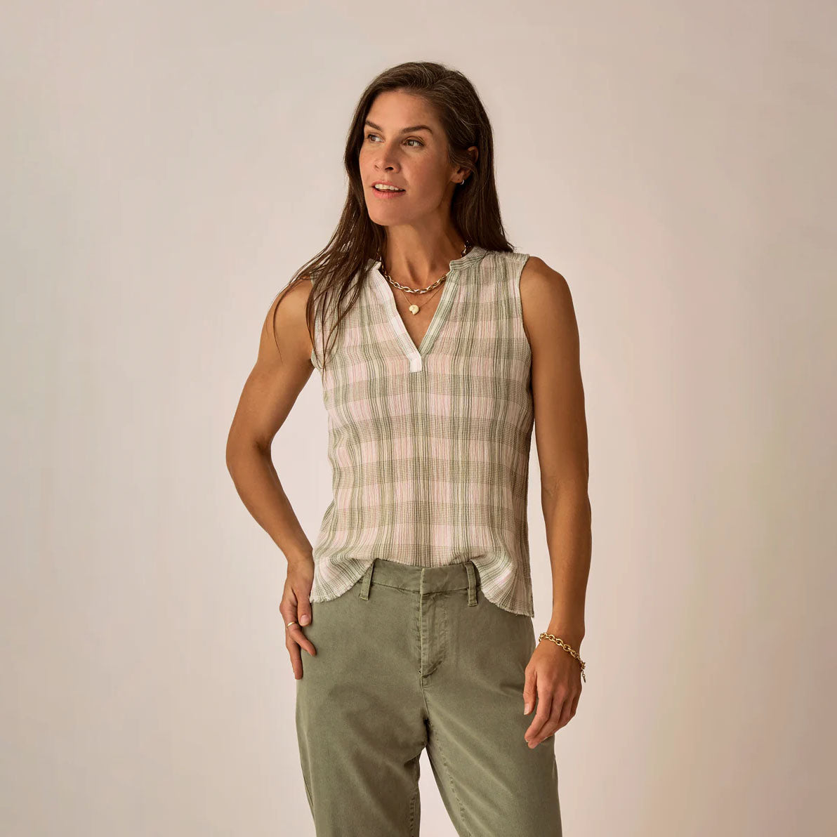 Dylan Tank in Fatigue Multiplaid shown on model on plain background.