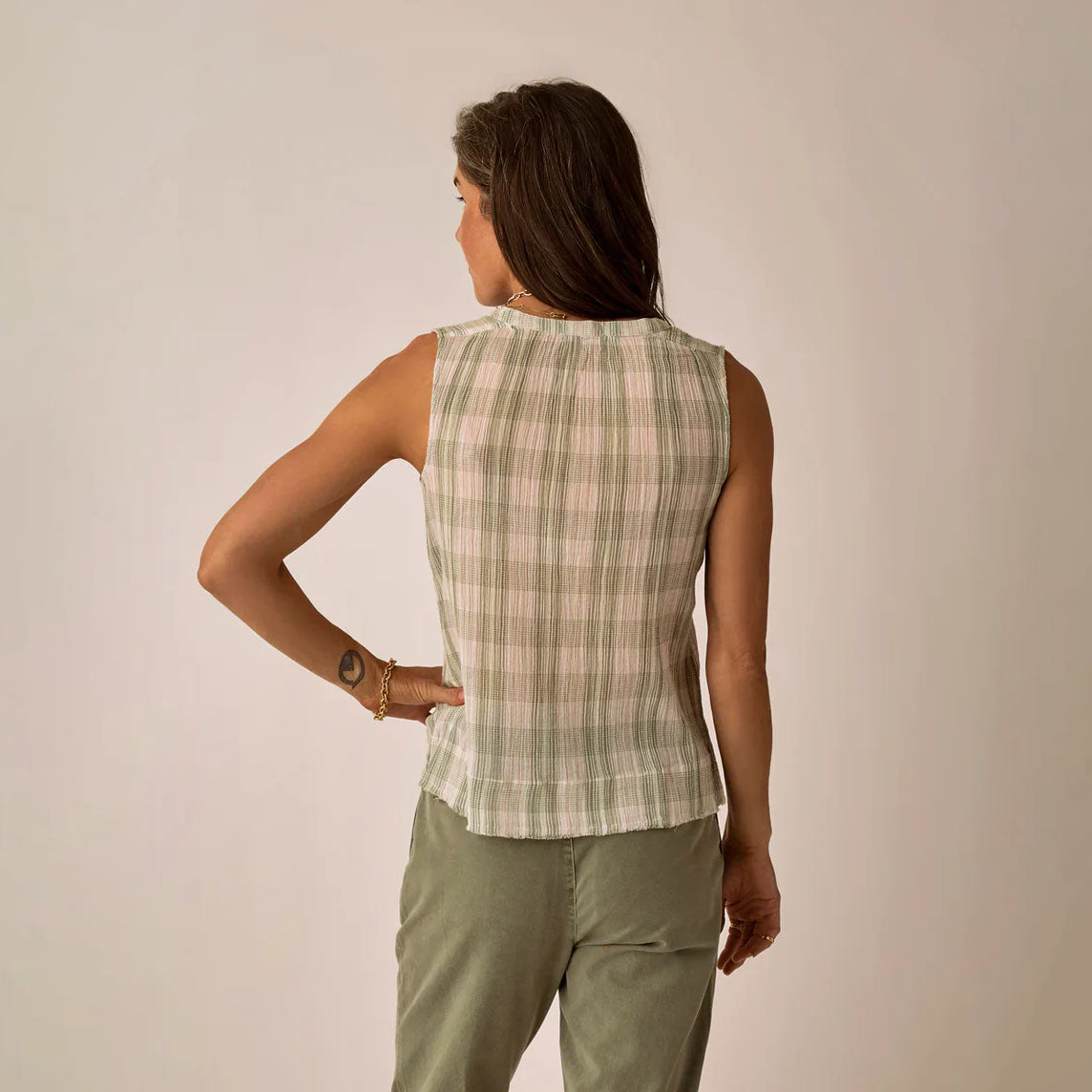 Dylan Tank in Fatigue Multiplaid shown on model on plain background.