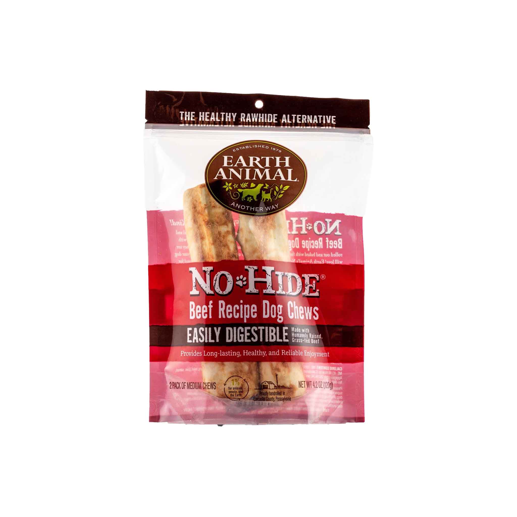 Package of Earth Animal No-Hide Beef Recipe Dog Chews on a white background