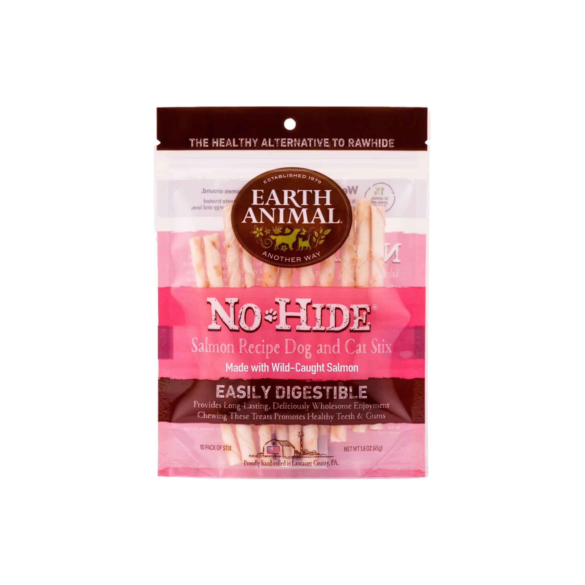 Earth Animal No Hide Salmon Recipe dog and cat chews packaging on a white background