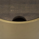 Close up of Eclipse Gold Metal Drum Base with Dark Brown Wood Top End/Side Table