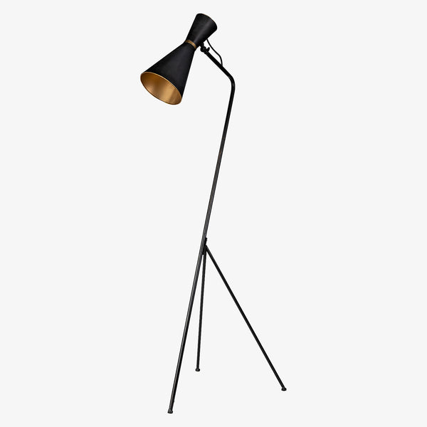 Mercana brand Eris floor lamp with black mid century styled shade and three metal legs on a white background
