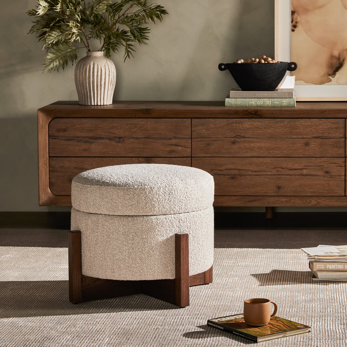 Four Hands Esben Storage Ottoman in Sattley Fog in a modern living room at Addison West