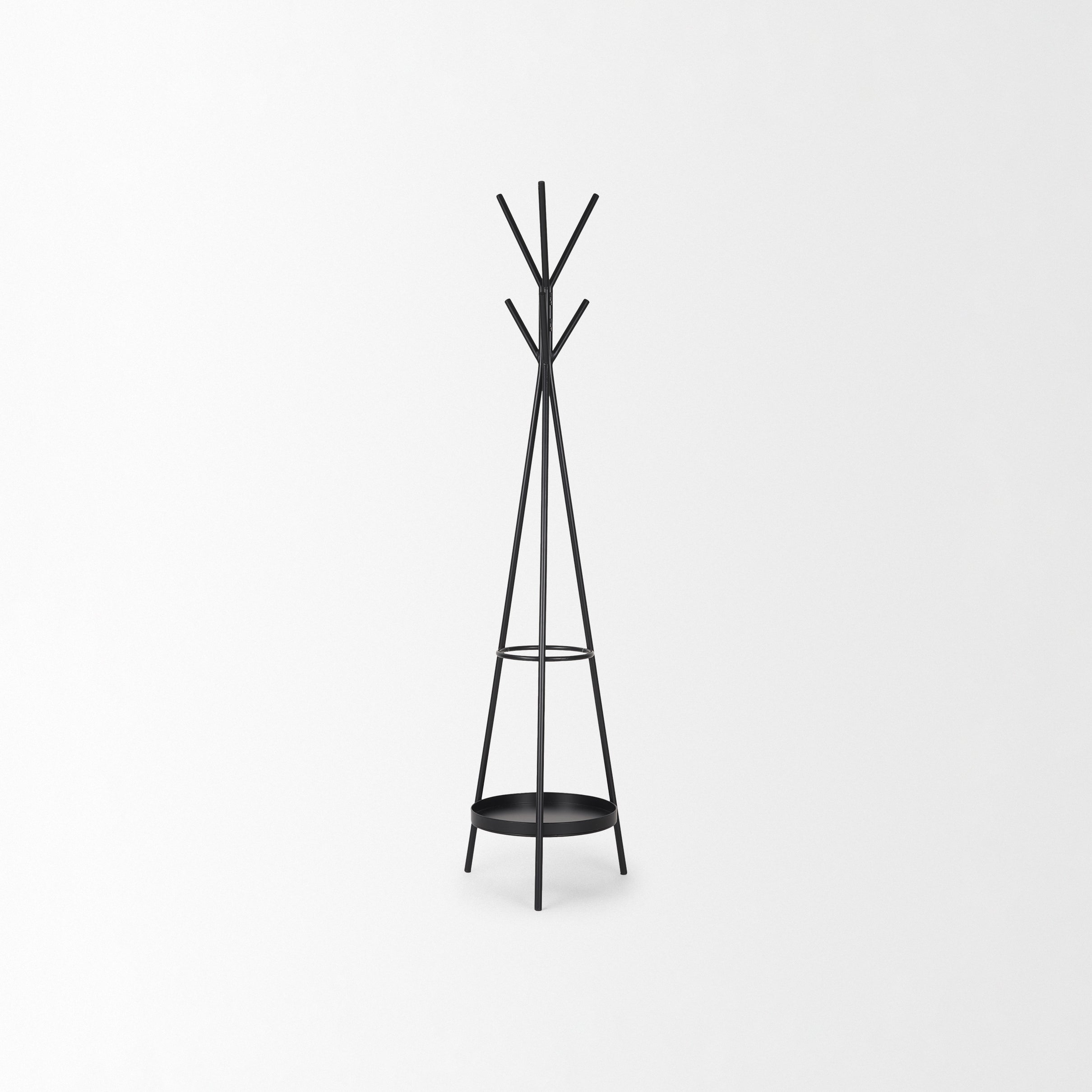 Everett Matte Black Metal with Two Metal Shelves Coat Rack on a white background