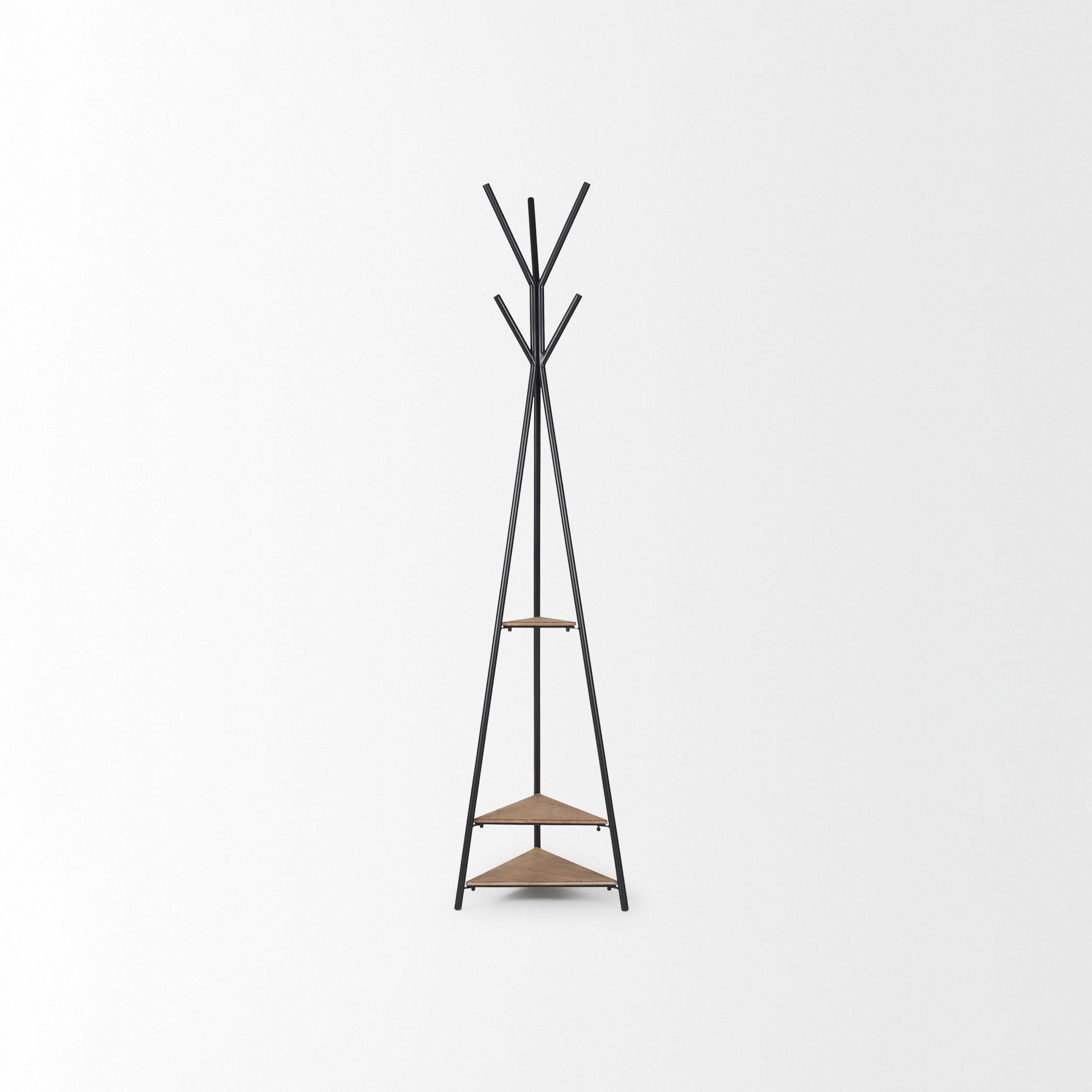 Everett Matte Black Metal with Two Wood Shelves Coat Rack on a white background