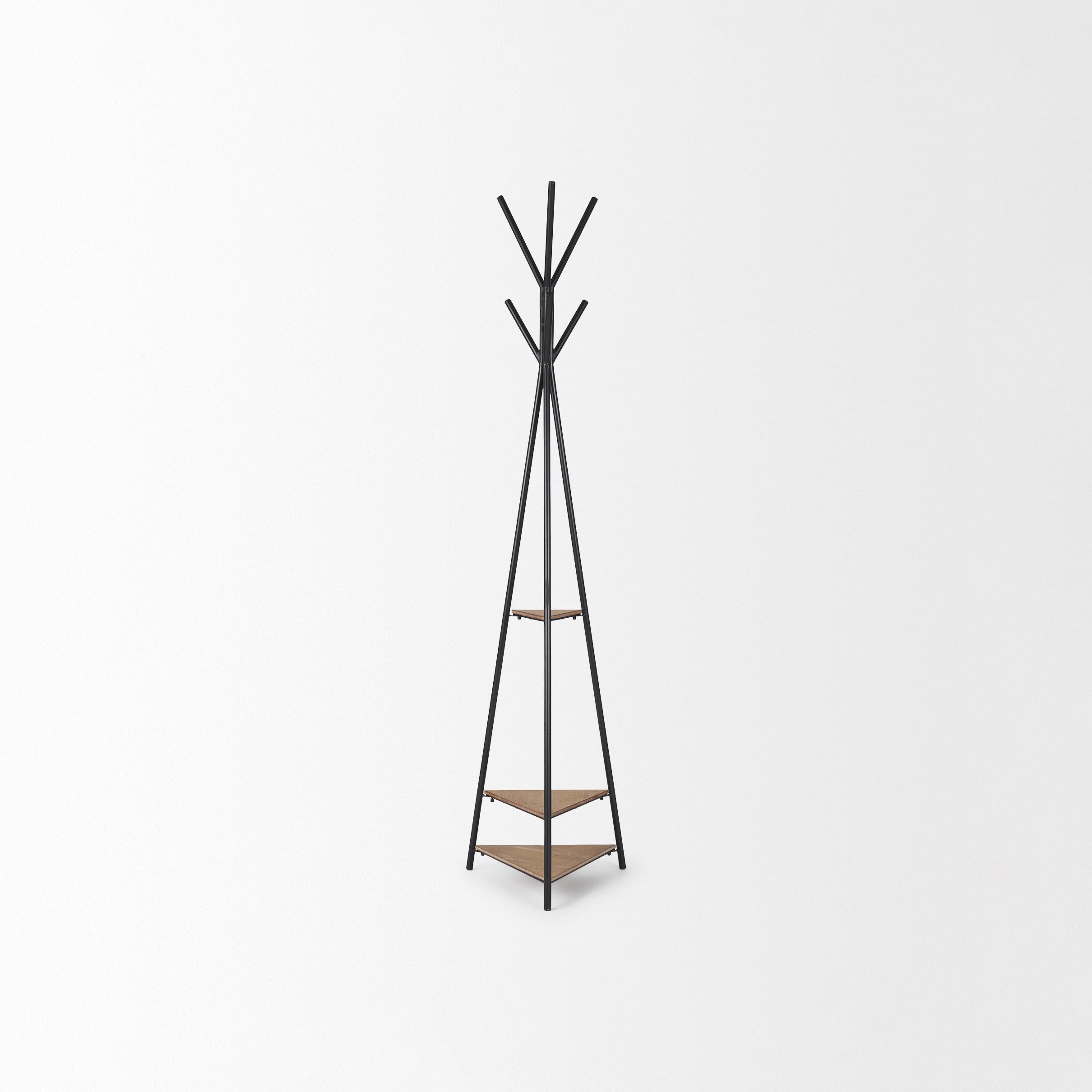 Everett Matte Black Metal with Two Wood Shelves Coat Rack on a white background