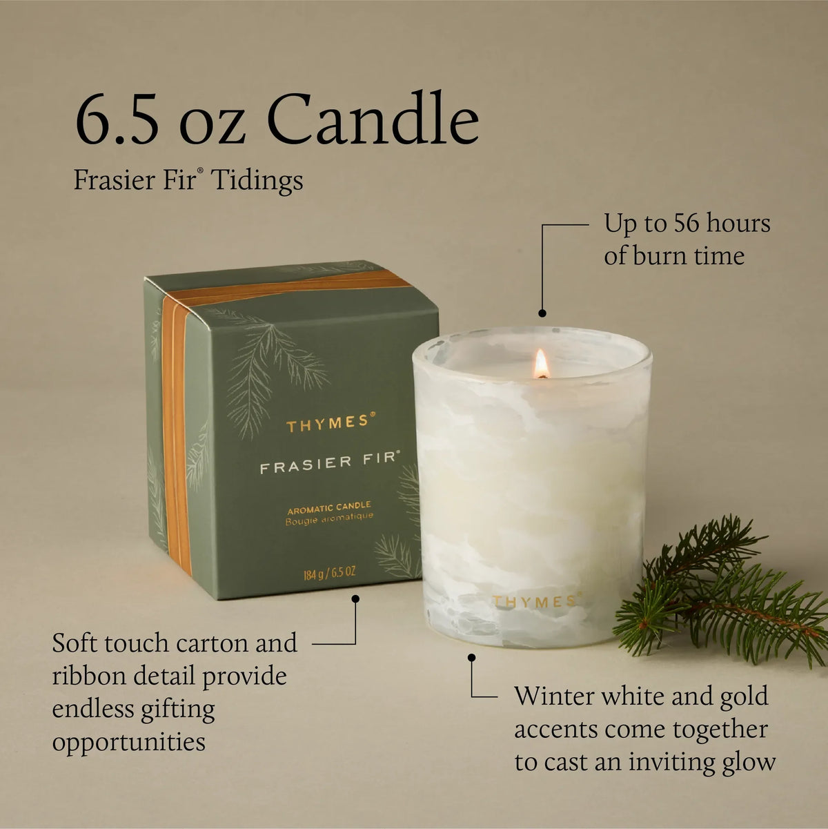 Frasier Fir Tidings Boxed Candle 6.5oz on a white background at Addison West