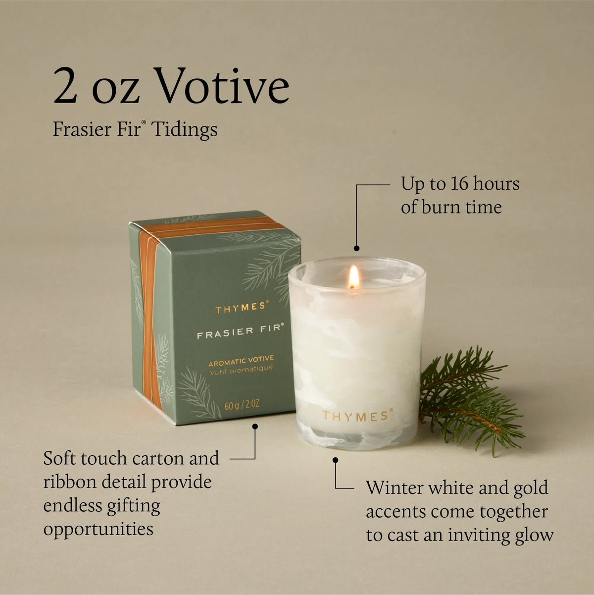 Frasier Fir Tidings Boxed Votive 2oz on a white background at Addison West