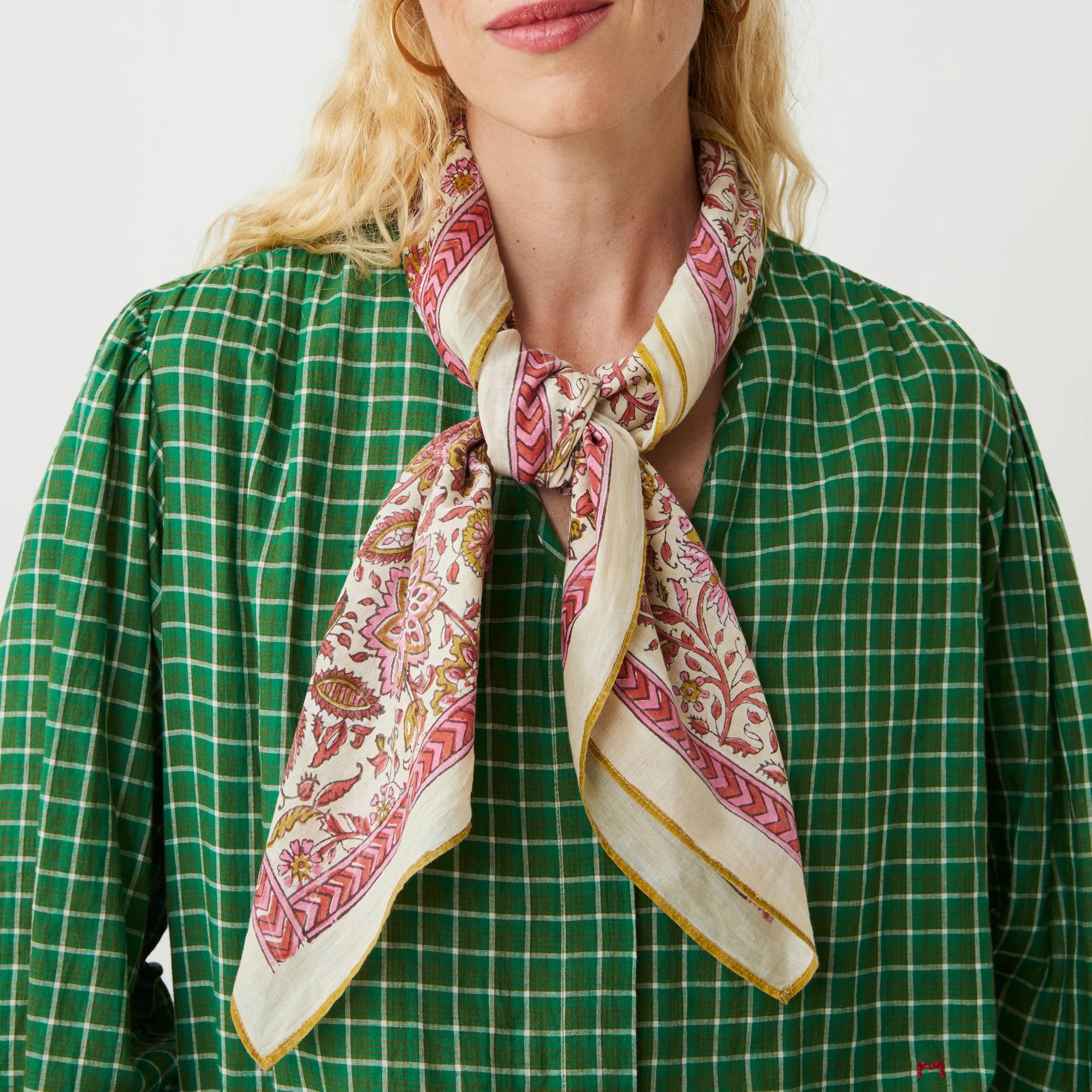 Agra N°823 Scarf in Tulip on a model at Addison West