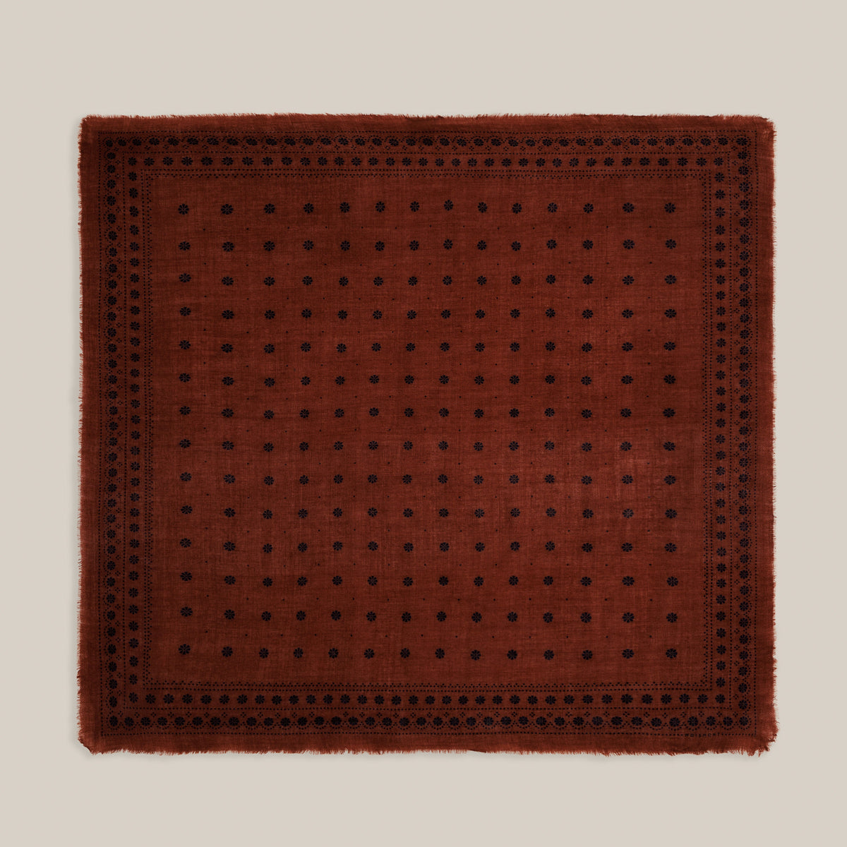 Moismont Scarf Achille N°851 in Violin on a model at Addison West on a beige background at Addison West