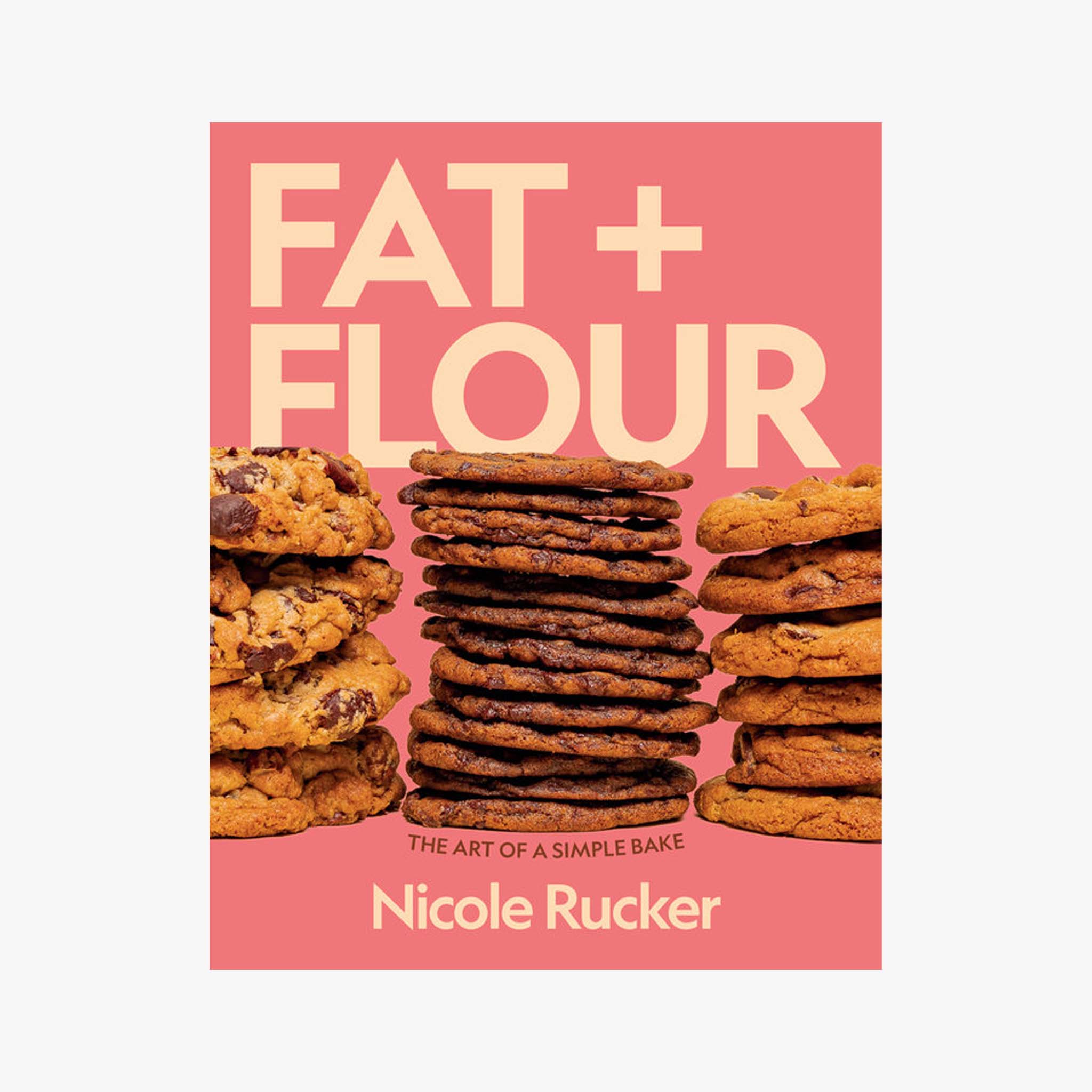Book cover of 'Fat + Flour' with stacks of cookies on a pink background