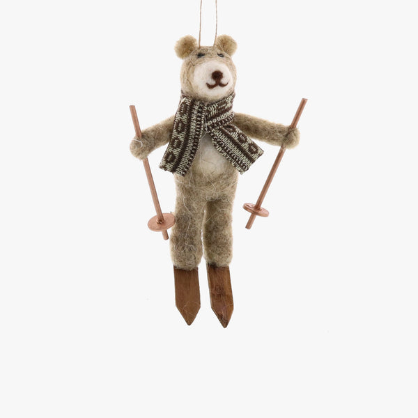 Felt Bear On Skis Ornament on a white background