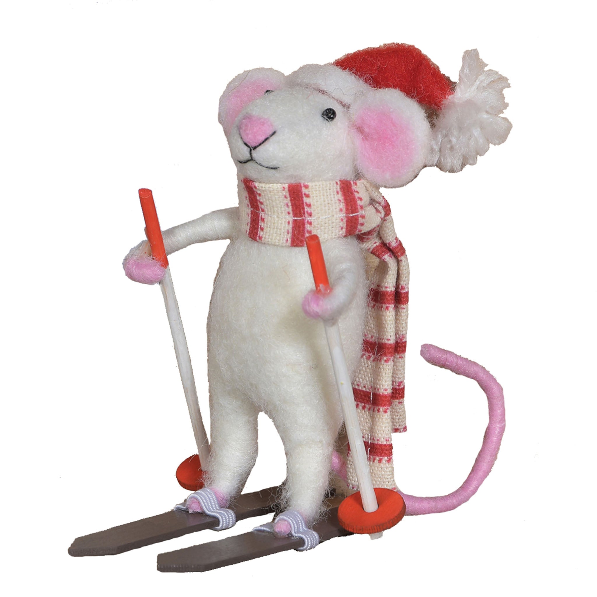 Ornament of a mouse wearing a ski outfit and holding ski poles, with a red and white scarf around its neck.