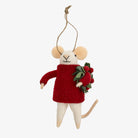 Felt mouse ornament wearing a red sweater holding a sprig of holly on a white background