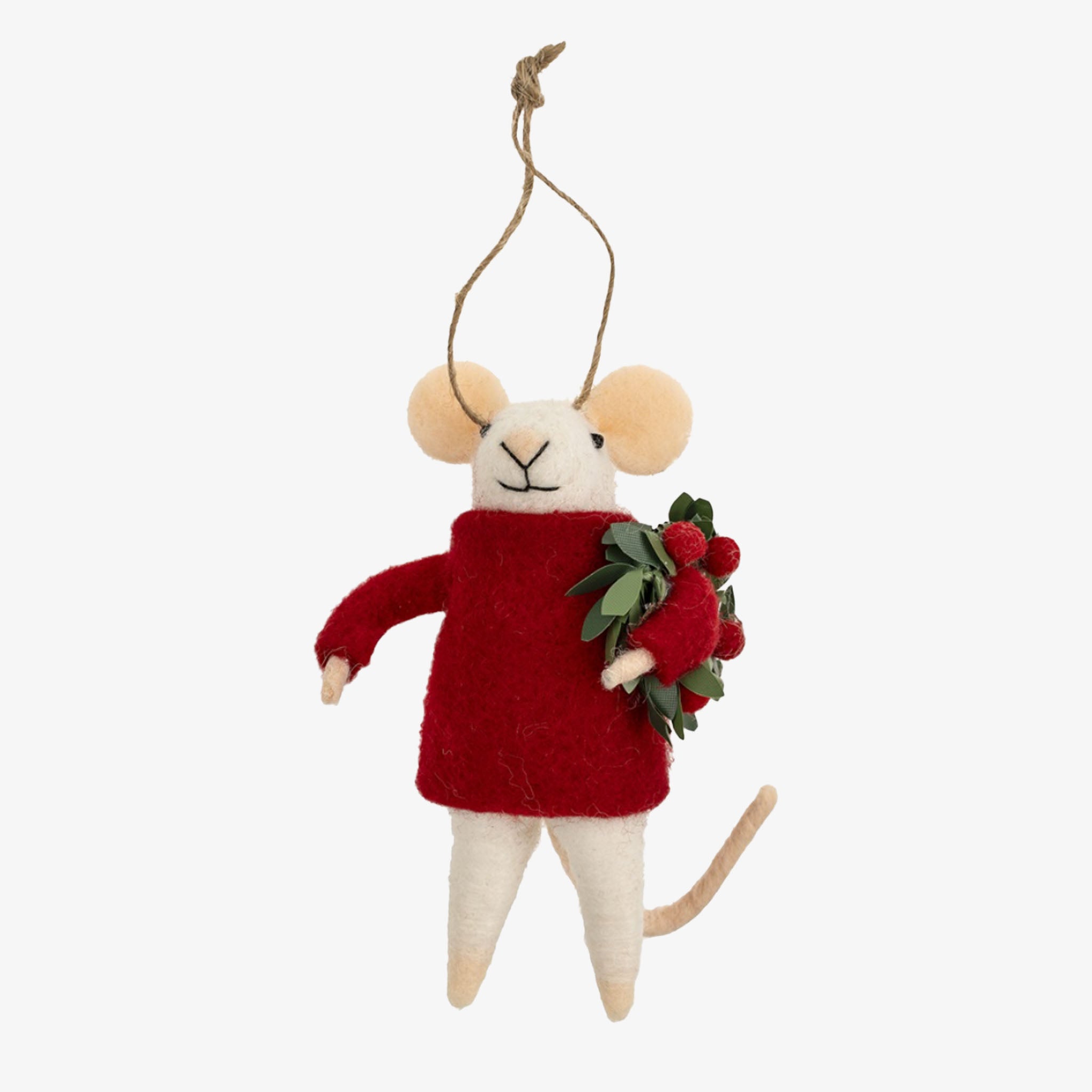 Felt mouse ornament wearing a red sweater holding a sprig of holly on a white background
