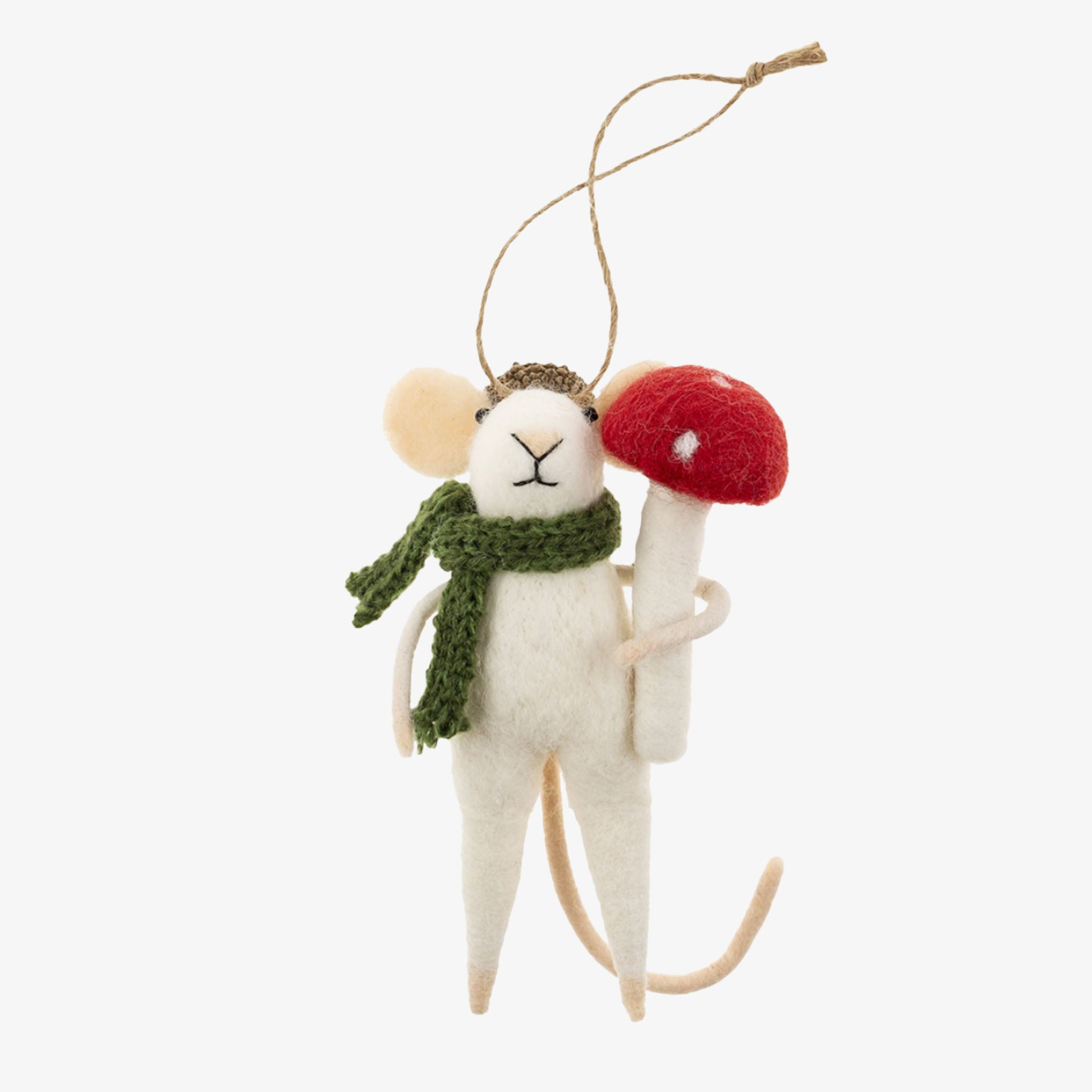 Felted mouse ornament with a red mushroom and green scarf on a white background
