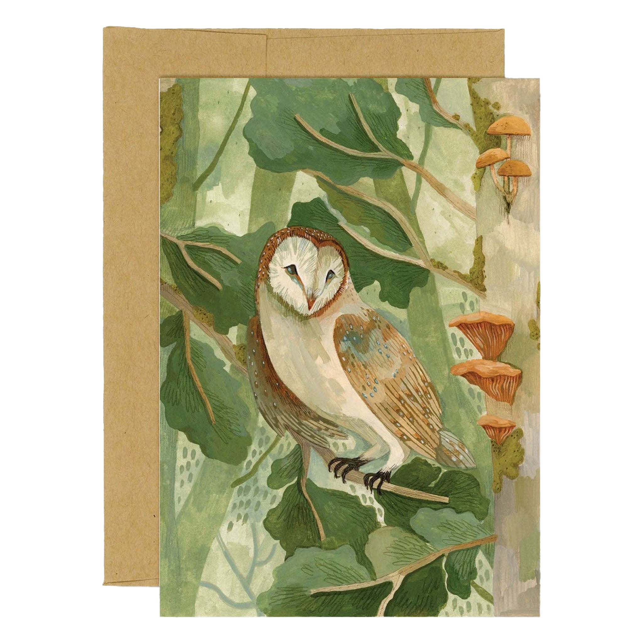 Illustrated greeting card with owl surrounded by green trees and mushrooms on a white background