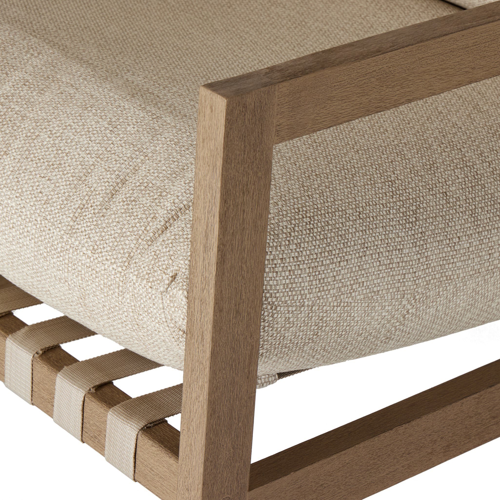 Close up of Four Hands Aiken Outdoor Rocking Chair in Faye Sand on a white background at Addison West