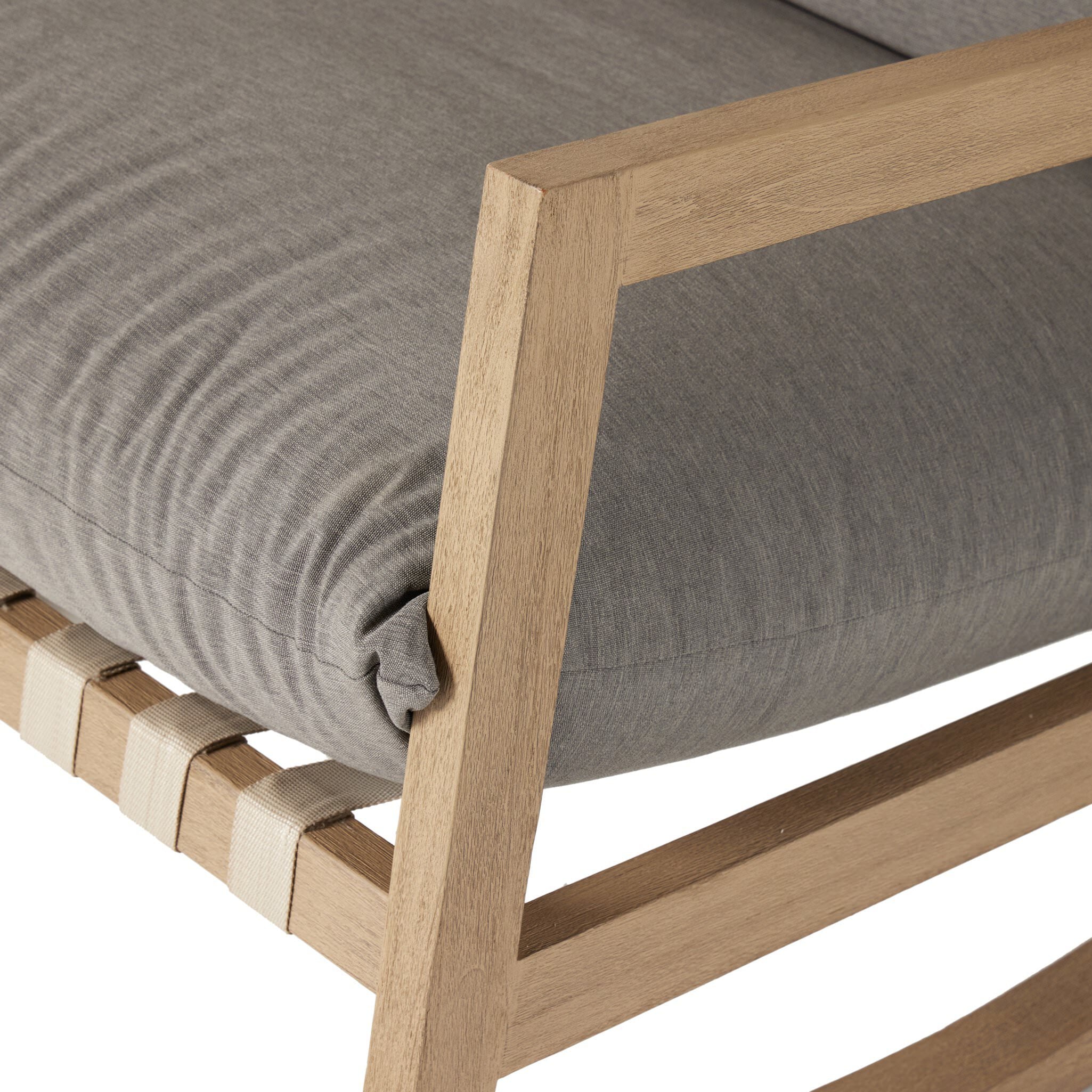 Close up of Four Hands Aiken Outdoor Rocking Chair in Venao Charcoal on a white background at Addison West