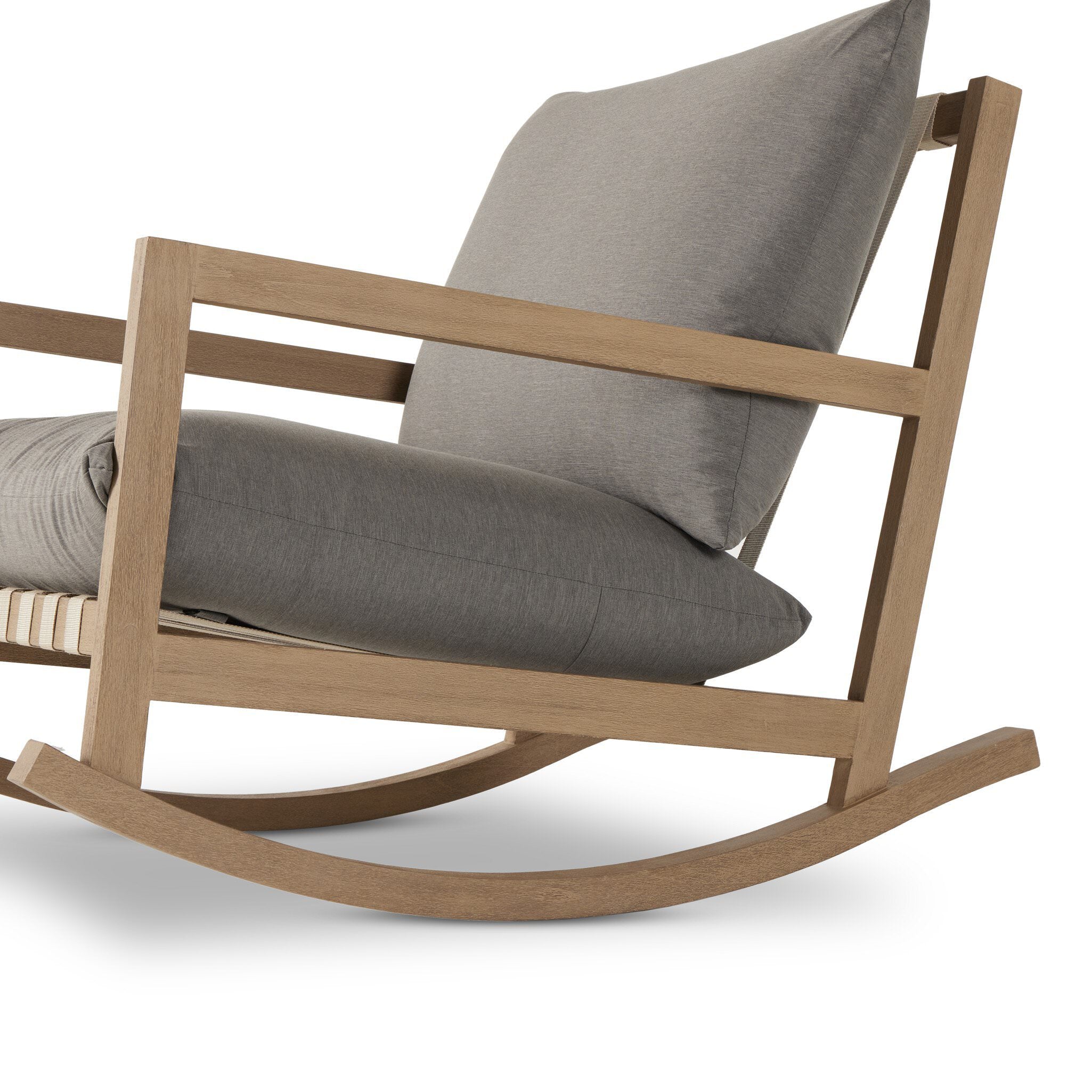 Close up of Four Hands Aiken Outdoor Rocking Chair in Venao Charcoal on a white background at Addison West