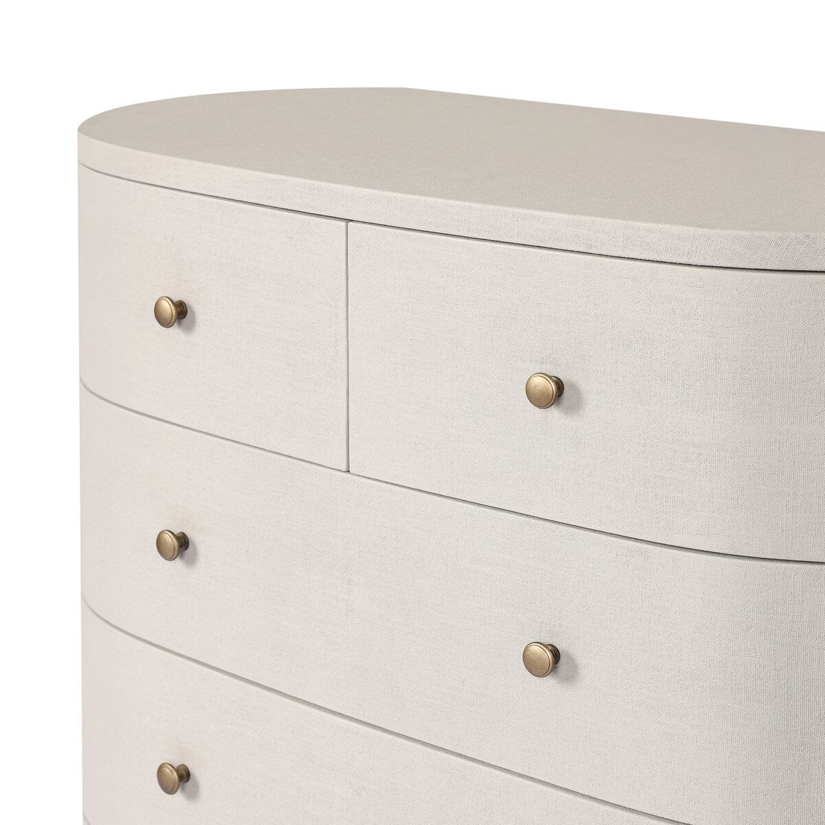 Close up of Four Hands Amelia Chest in Ivory Painted Linen on a white background at Addison West