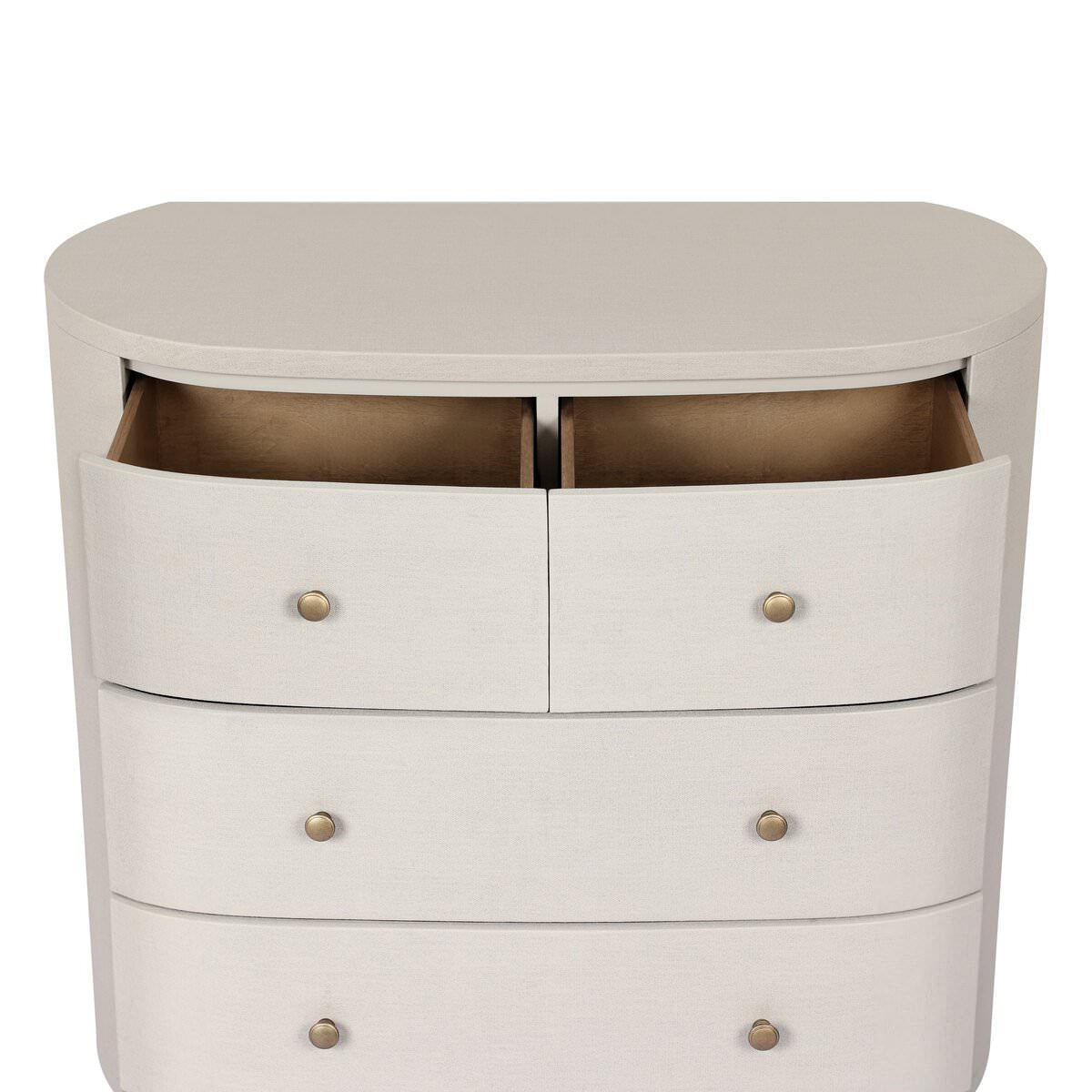 Close up of Four Hands Amelia Chest in Ivory Painted Linen on a white background at Addison West