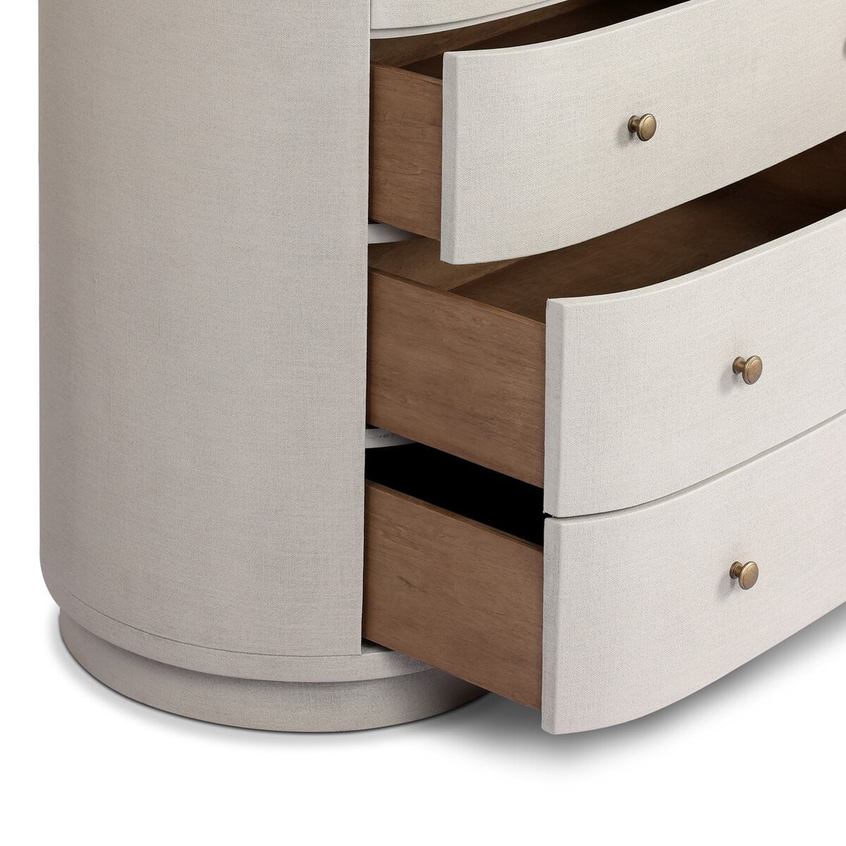 Close up of Four Hands Amelia Chest in Ivory Painted Linen on a white background at Addison West