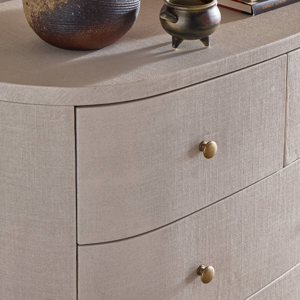 Close up of Four Hands Amelia Chest in Ivory Painted Linen in a bedroom at Addison West