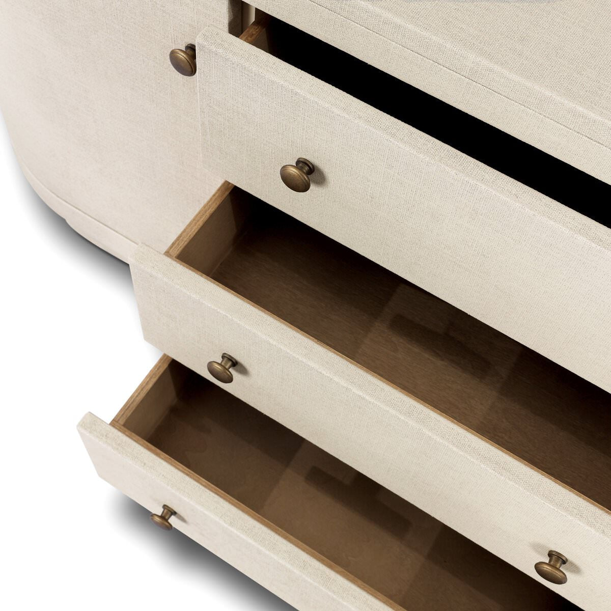 Four Hands Amelia Media Console in Light Antique Brass on a white background at Addison West