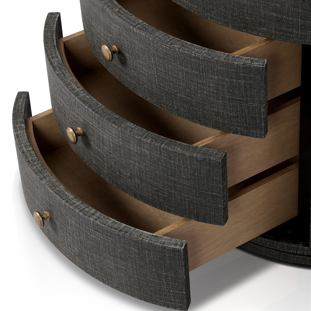 Close up of Four Hands Amelia Oval Nightstand in Black Linen on a white background at Addison West